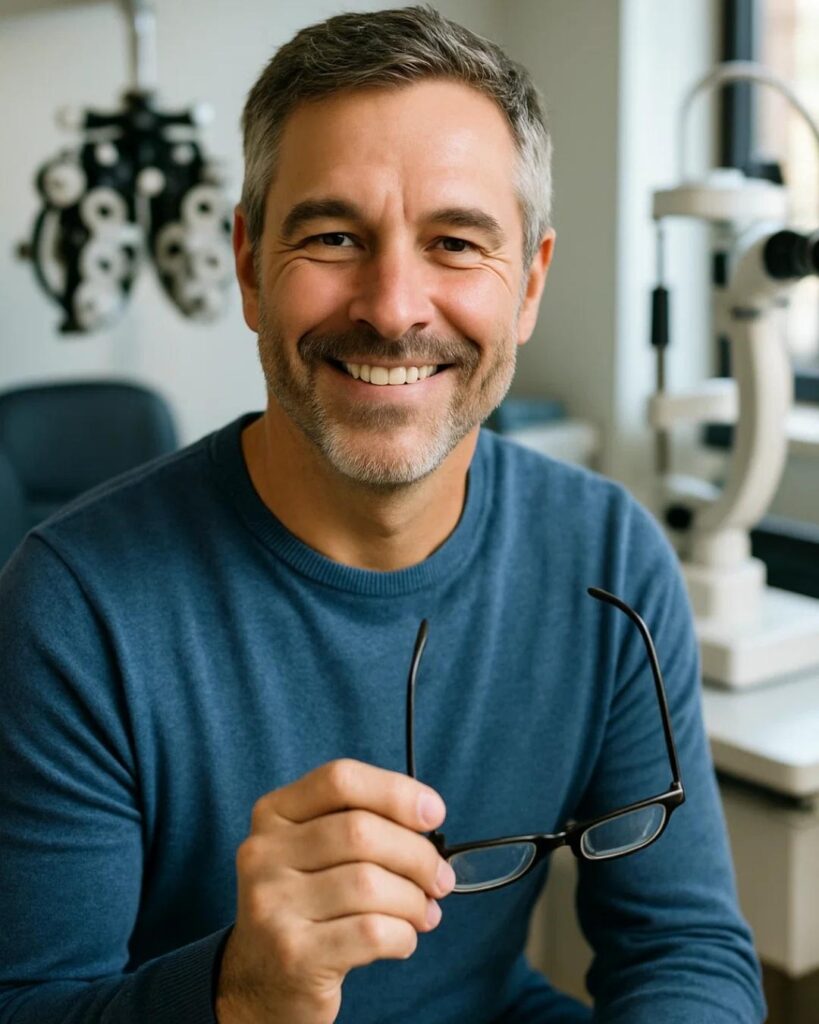 feliz y relajado en sala de consulta por haber dejado los lentes